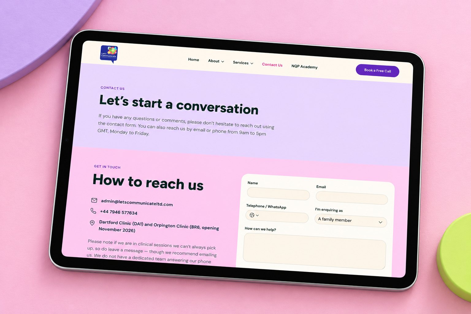 Let's Communicate contact page on iPad