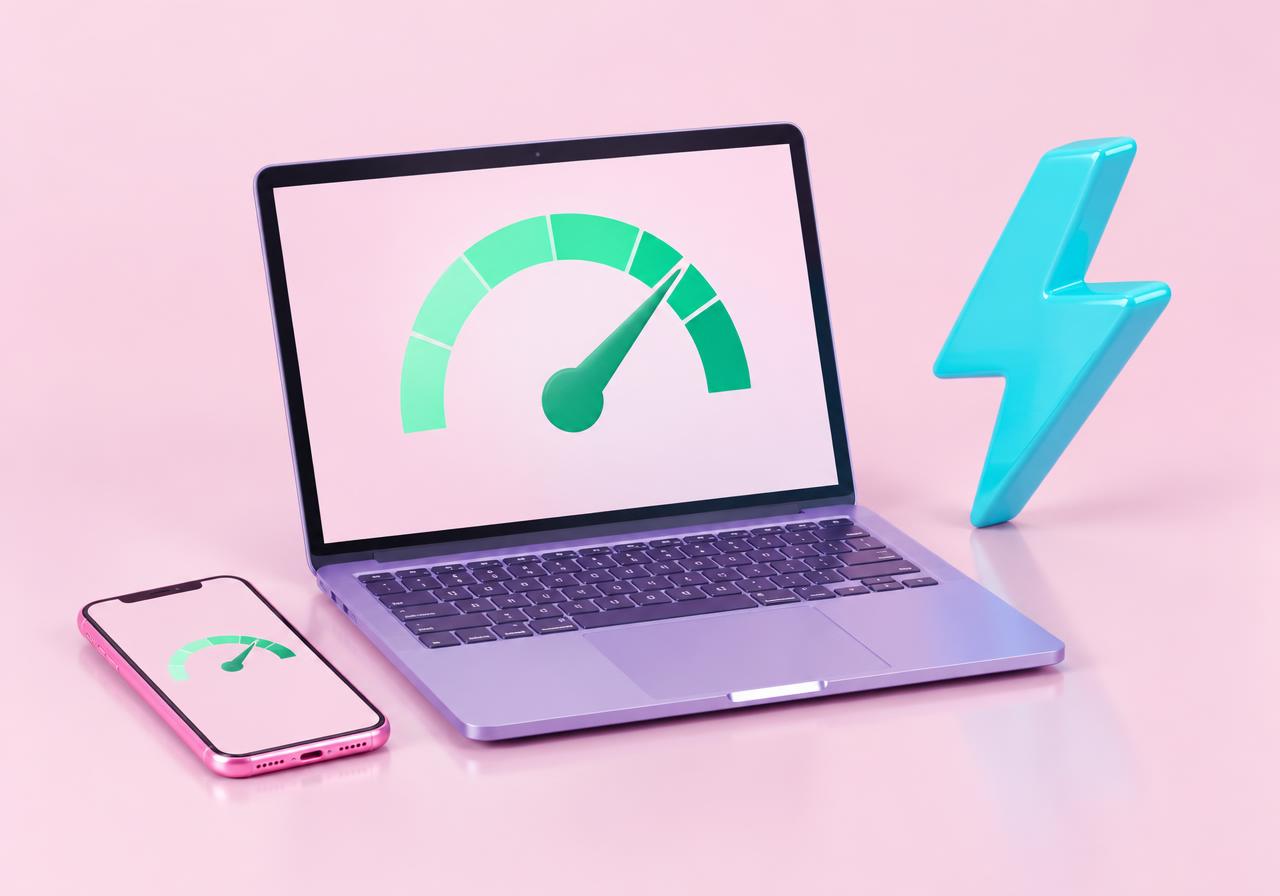 Laptop and phone with speed dials and a cyan lightning bolt